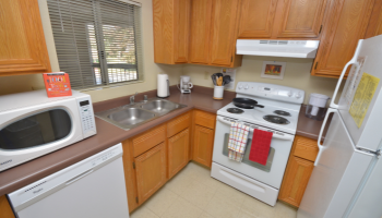 A view of a kitchen inside a dorm at Stan State.