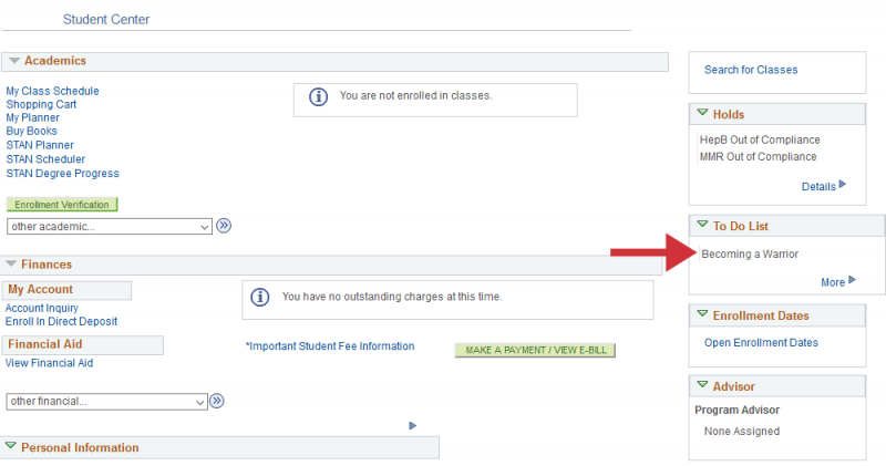 myStanState student center with arrow pointing to the Becoming a Warrior link under the to do list