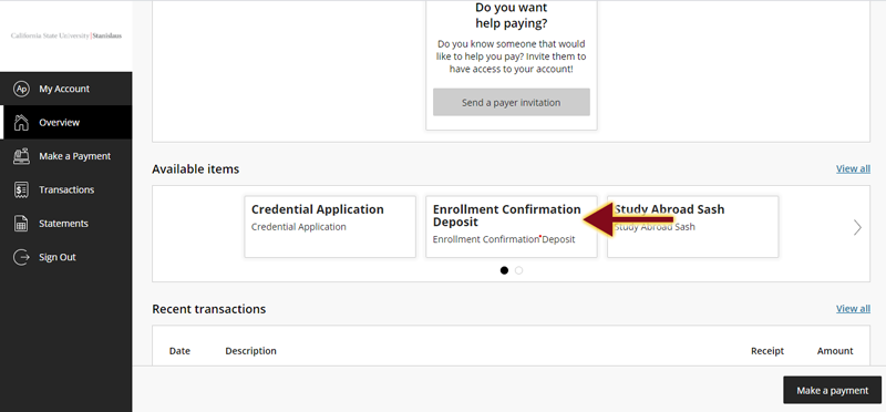 Cashnet screen with arrow pointing to Enrollment Confirmation Deposit Option