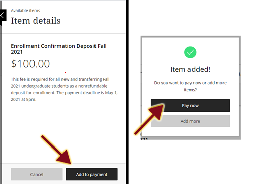 Cashnet screen with arrow pointing to Add to Payment button for the enrollment confirmation deposit; Screen with Pay Now button