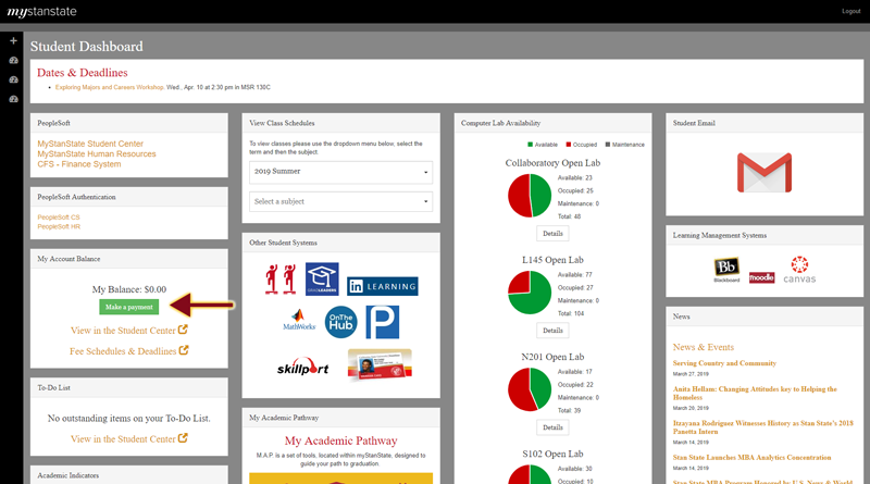 myStanState dashboard screen with arrow pointing to Make A Payment Button