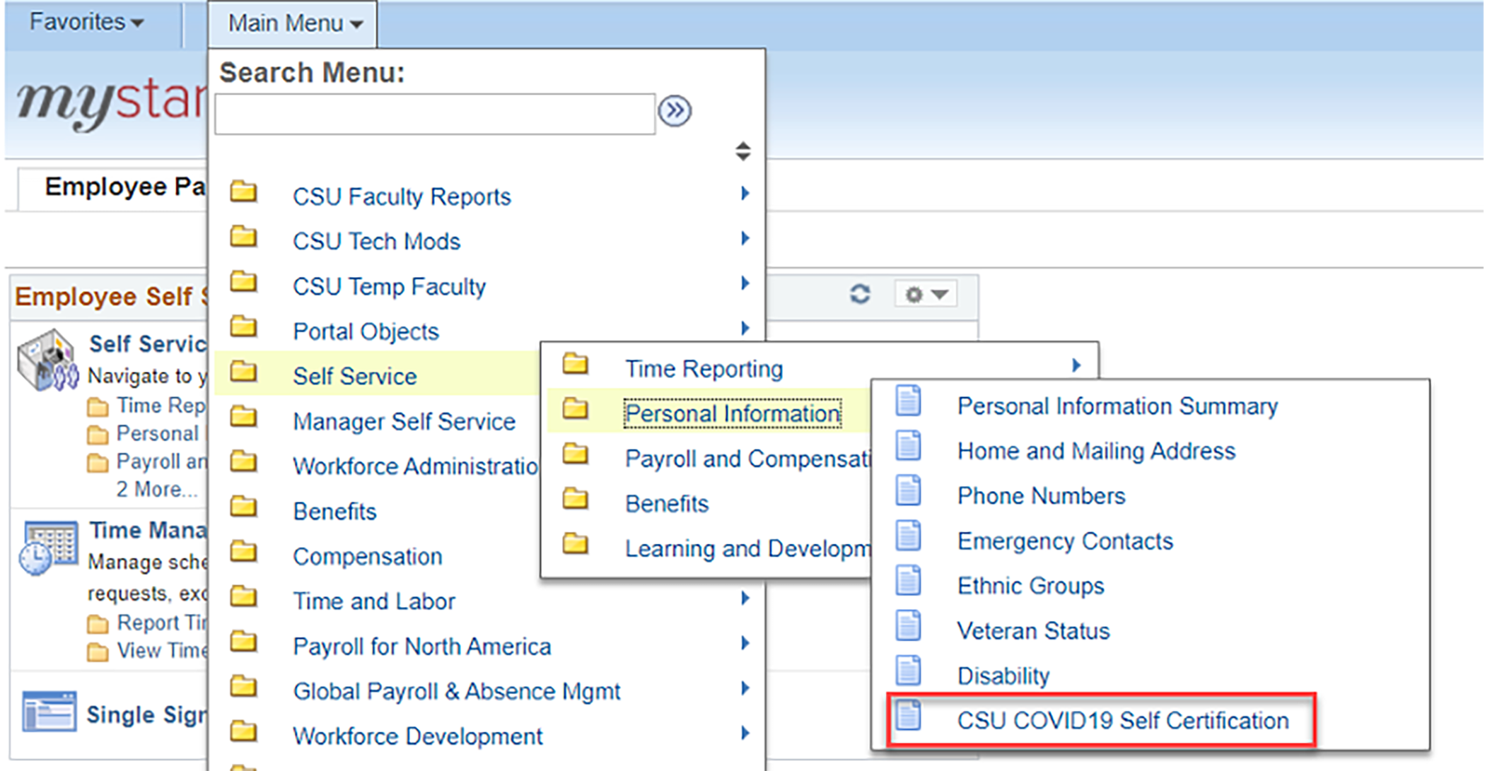 screenshot of CSU COVID19 Self Certification link location