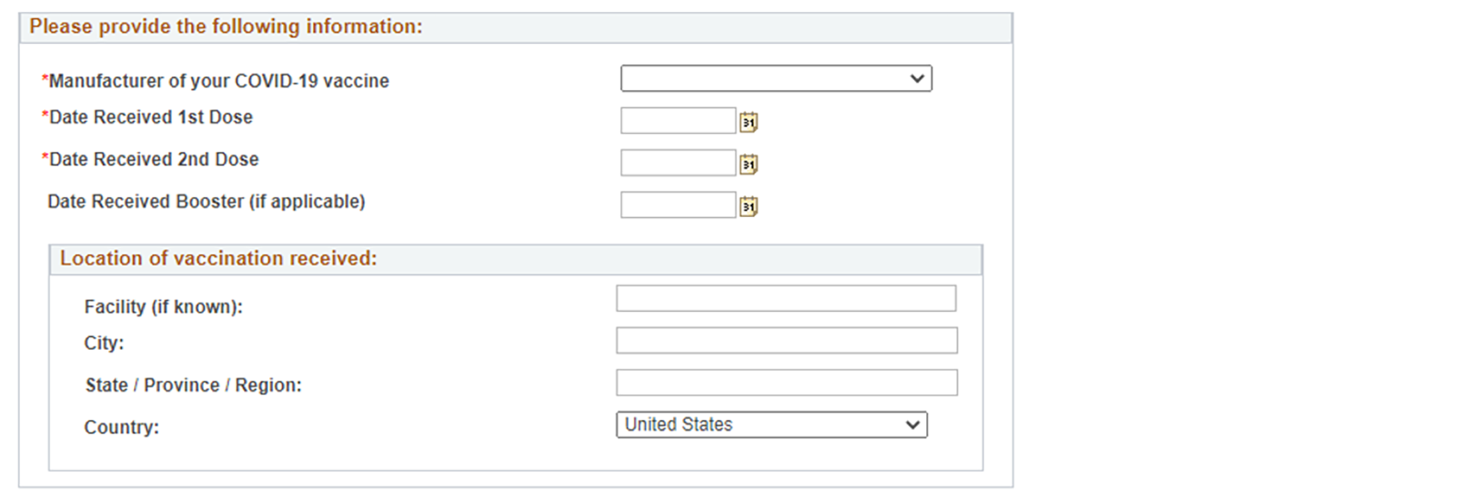 screenshot of vaccine info section on the "COVID-19 Self-Certification" form