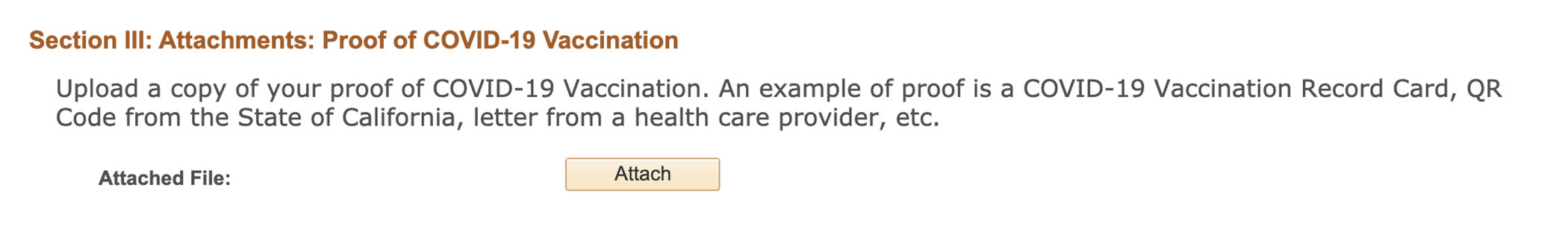 screenshot of Section III on the "COVID-19 Self-Certification" form