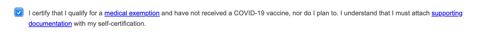 screenshot of medical exemption checkbox on the "COVID-19 Self-Certification" form