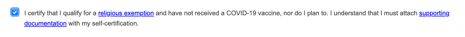 screenshot of religious exemption checkbox on the "COVID-19 Self-Certification" form