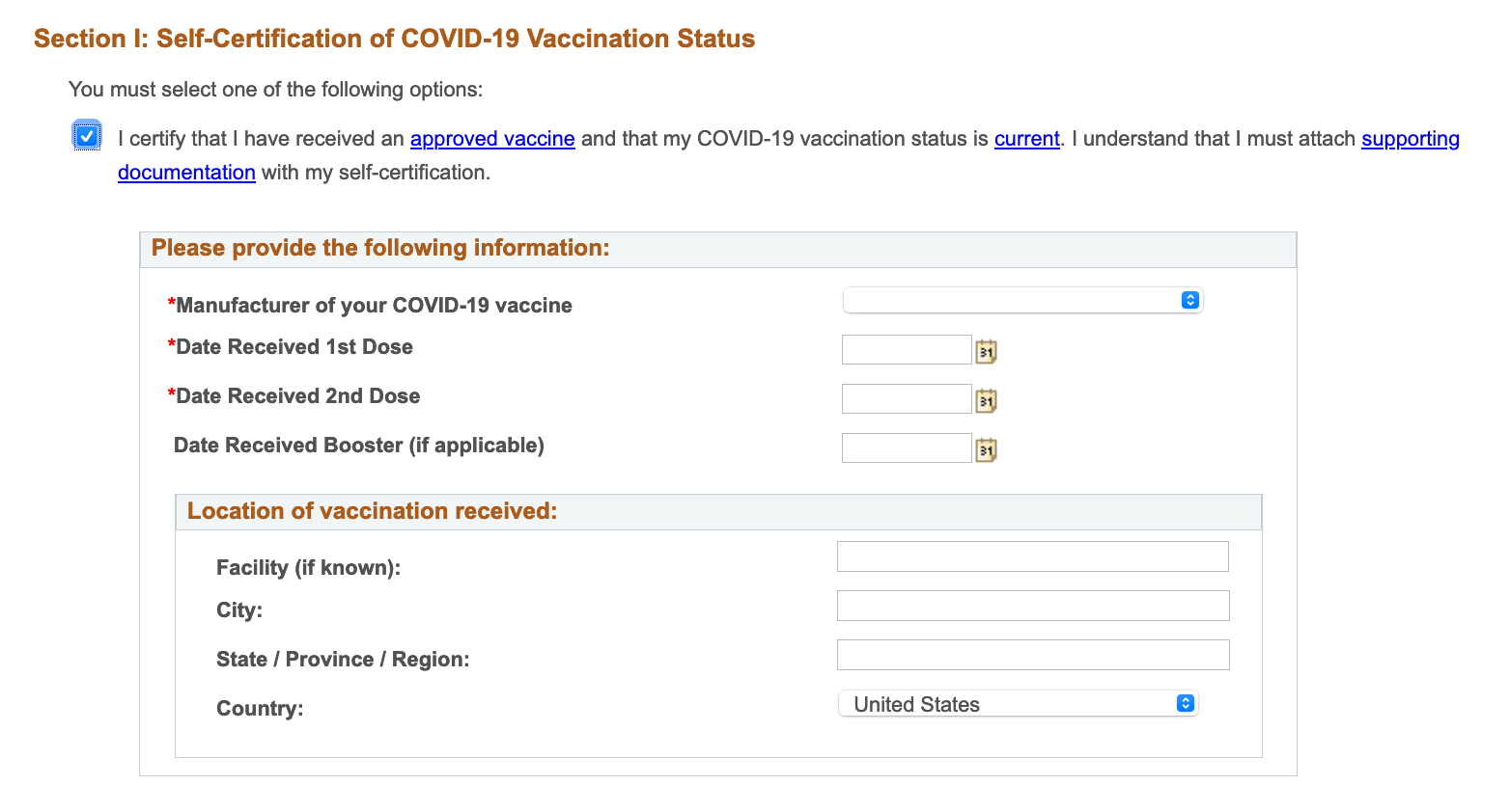 screenshot of Section I on the "COVID-19 Self-Certification" form