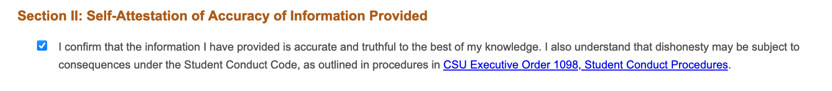 screenshot of Section II on the "COVID-19 Self-Certification" form