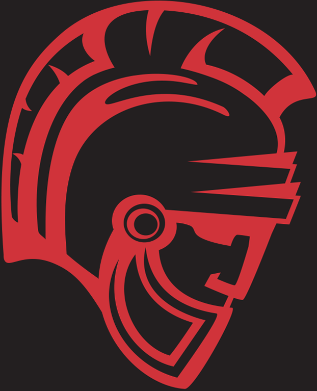 Warrior head, red on black background.