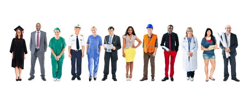 occupations.jpg Group of people from different job occupations standing.