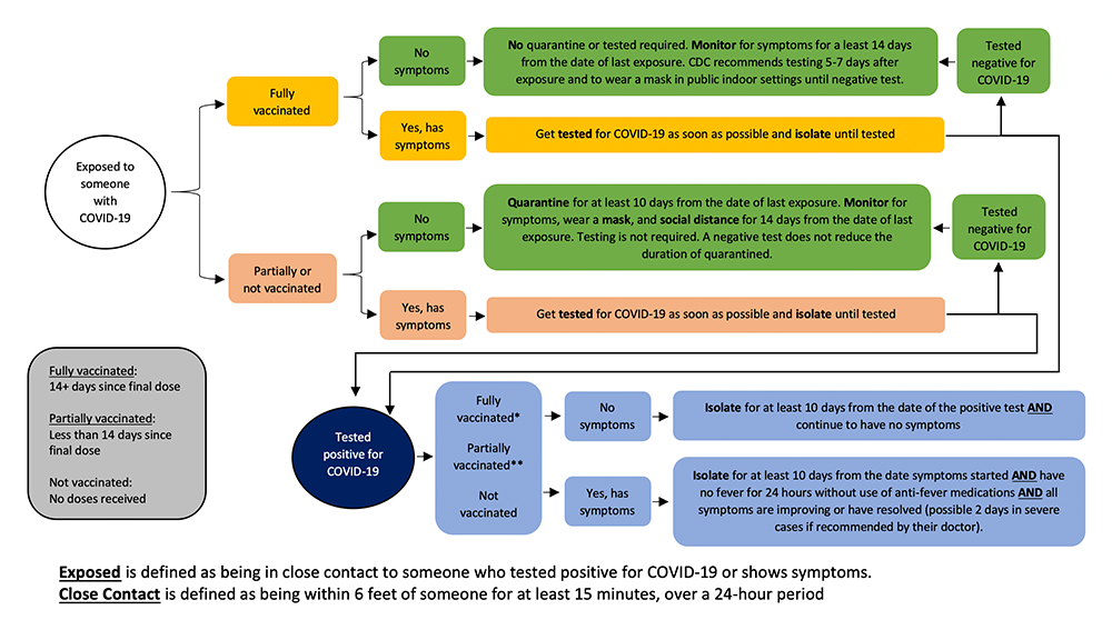 This flow chart outlines the process that the covid response team follows to give guidance once someone has either been exposed to a COVID-19 positive individual or if they are in fact positive. This flow chart also outlines what steps one needs to follow either they are either fully vaccinated or not fully vaccinated.