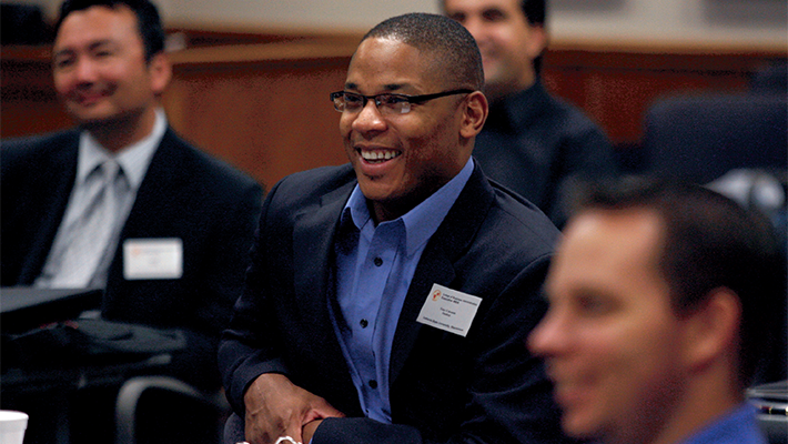 Business students laughing