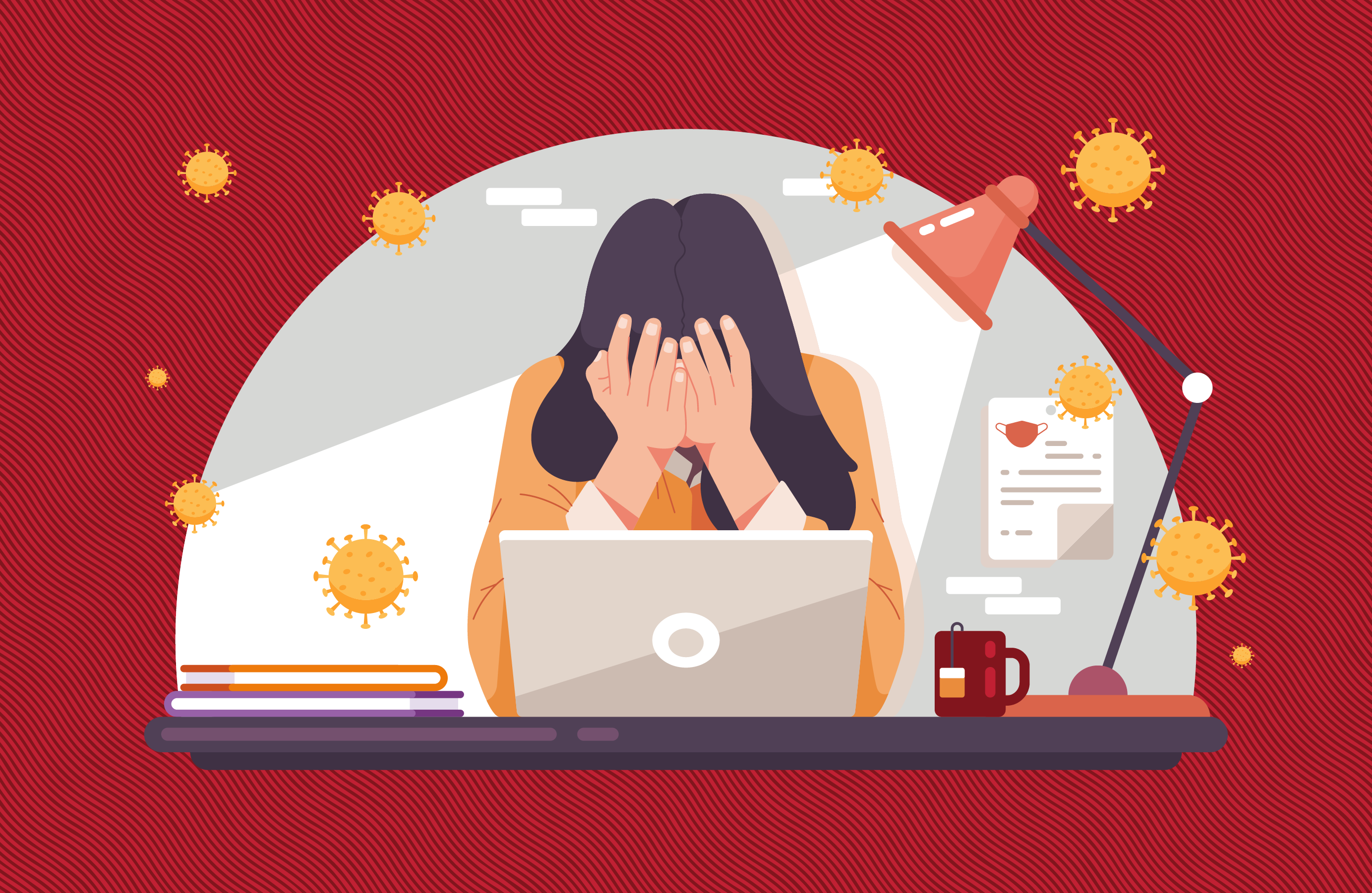 Illustration of a person with head in hands in front of a laptop.