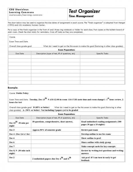 test organizer sheet