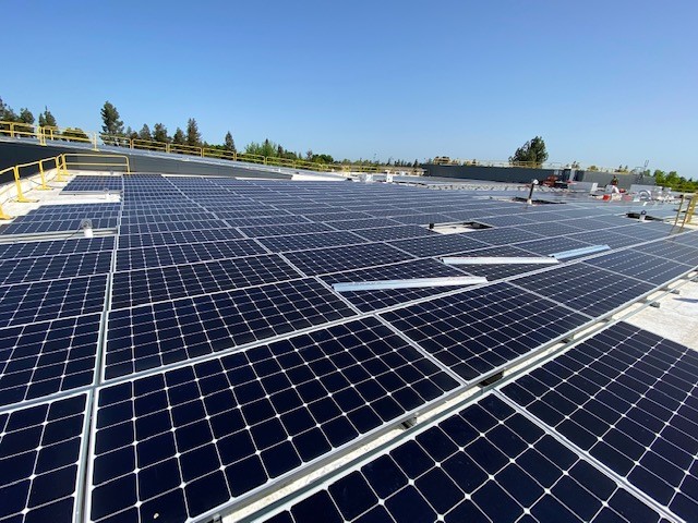 View of Student Center roof with solar panel installation