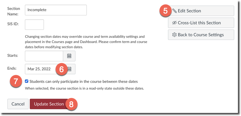 Steps to set section dates