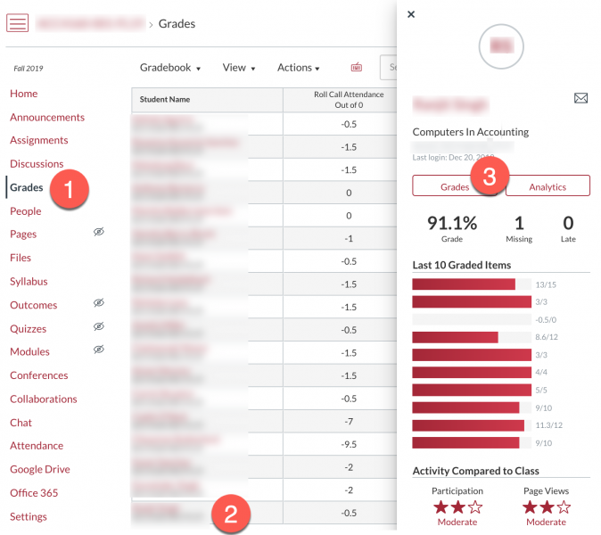 Steps to view a student's graded progress in a course.