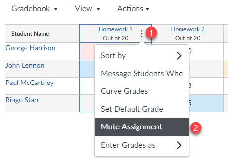 Gradebook tools menu with Mute Assignment option selected