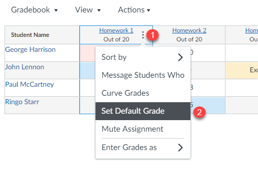 Gradebook tools menu with Set Default Grade option selected