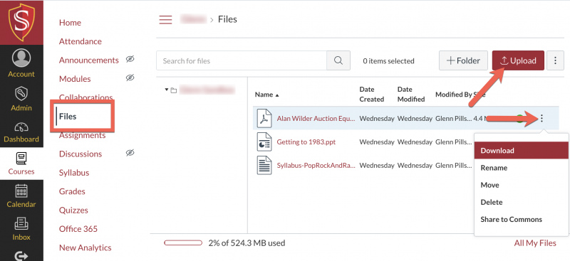 Various aspects of the Files page in a course