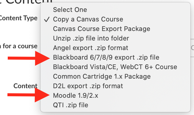 Content Type menu open with arrows pointing to the Blackboard and Moodle choices