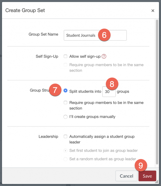 Group set page in Canvas with areas number 6 through 9 corresponding to the steps outlined in the text above.