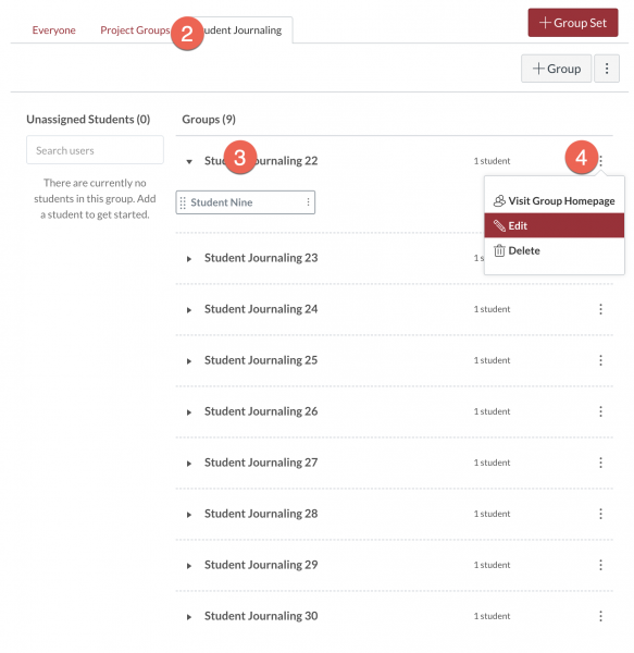 Group Set page showing numbered steps to rename a group in the set