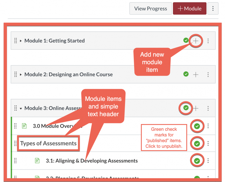 A modules page with items highlighted. See caption for more information.