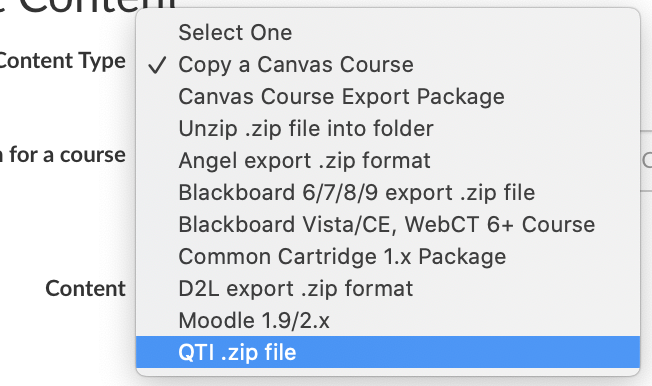 Content Type menu open with QTI zip file selected