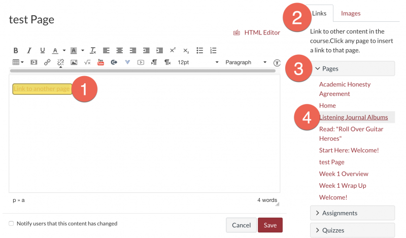 Numbered steps to make a link to another page in a course. See text description for details.