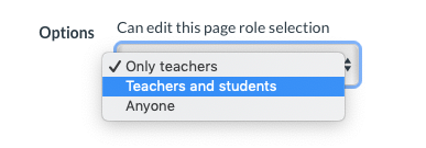 Options dropdown menu with Teachers and Students selected