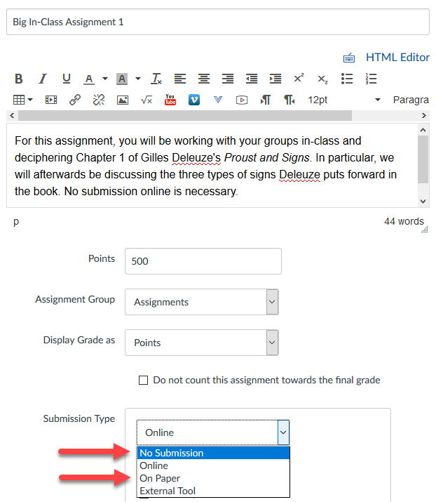 Submission Type drop down menu for No Submission and On Paper