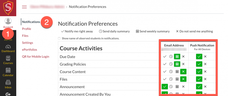 Steps to adjust account notifications and a red box around the notification switches