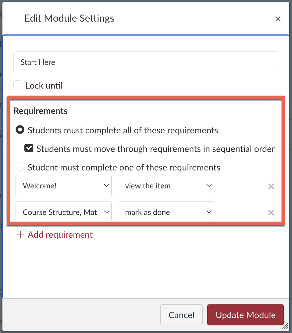 The module settings window with the Requirements section highlighted. See caption for more information.