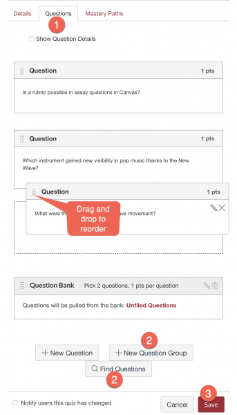 Steps to find and position questions in a quiz