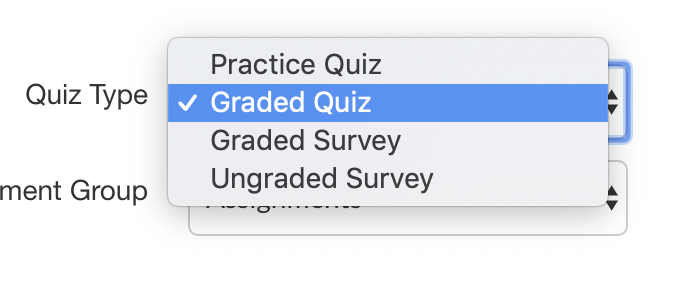 The quiz type menu displays four types of quizzes that can be configured