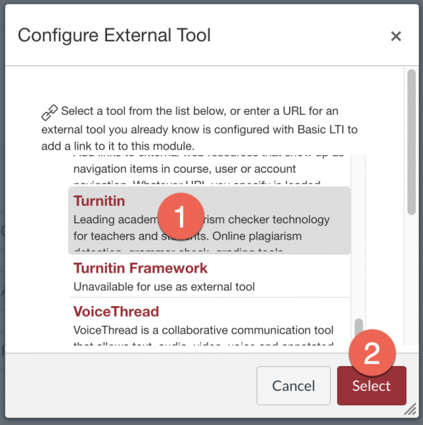Select Turnitin from list of tools and click Select button