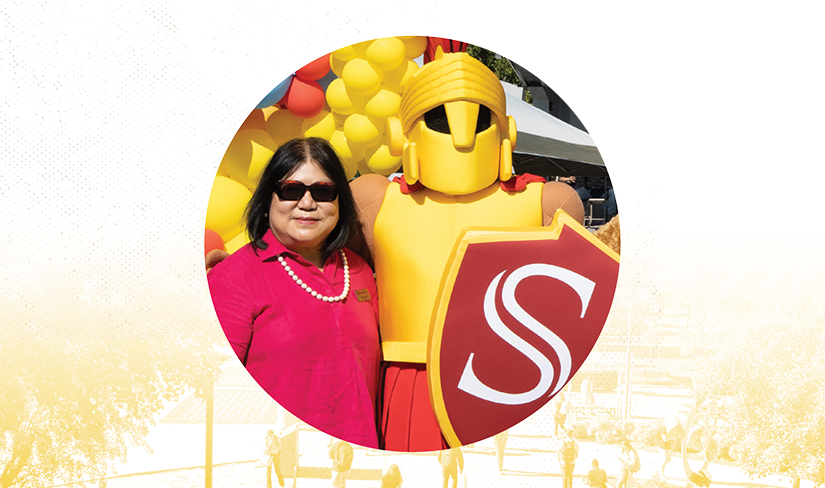 stanmag-f22_president-junn.png President Junn with mascot, Titus