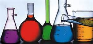 Beakers filled with colorful liquids
