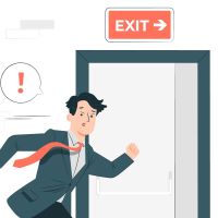 Exit sign over door; person running through door