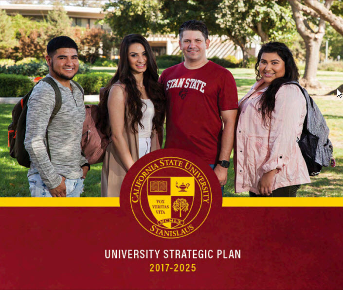 A group of Stan State students; text that reads "University Strategic Plan 2017-2025"