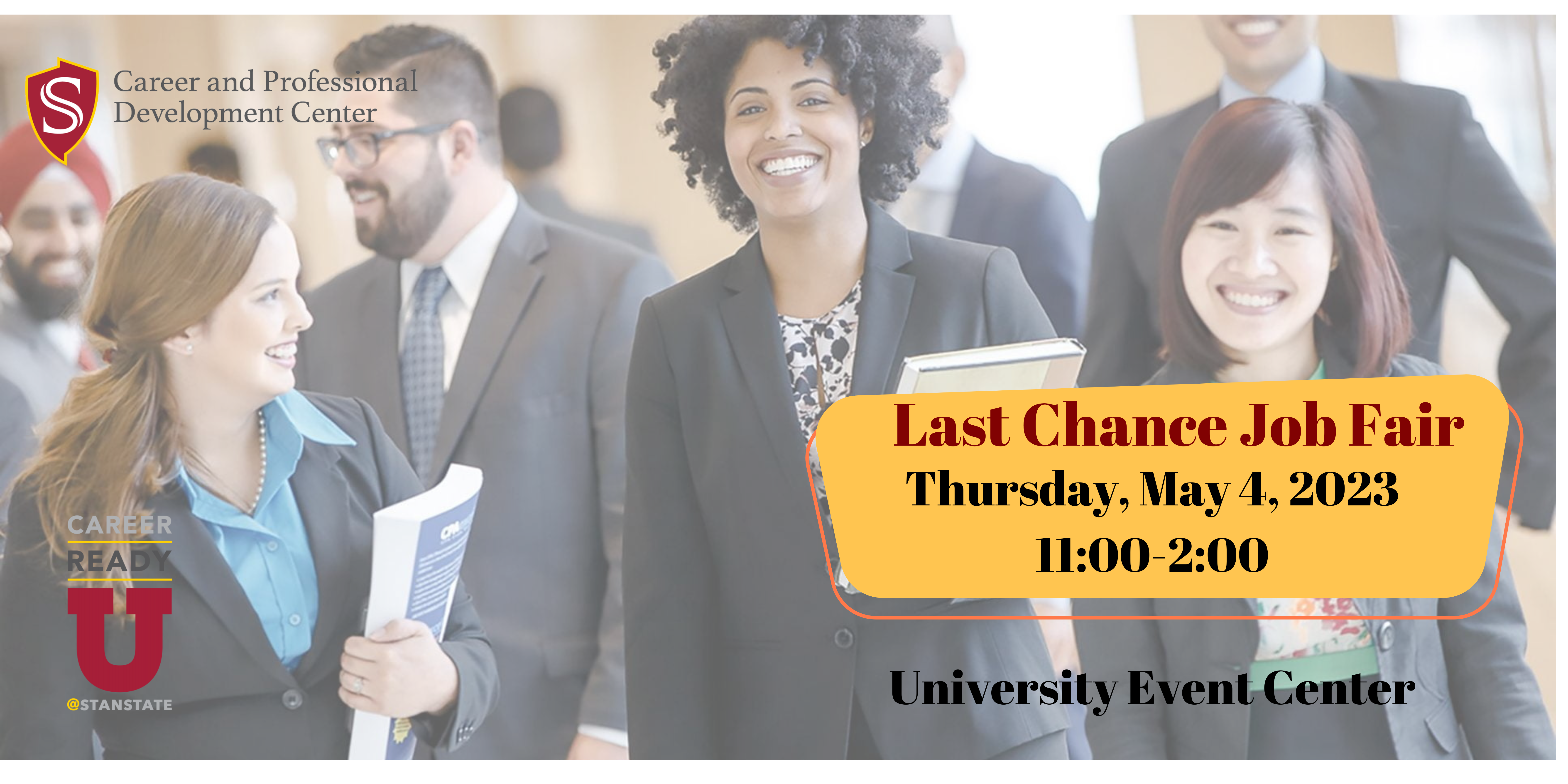 lcjf-spring-23.png Last Chance Job Fair, Thursday, May 4, 2023 11:00-2:00. University Event Center