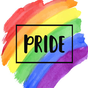 The words 'Pride' inside a rectangular outline with a watercolor red, orange, yellow, green, blue, and purple background
