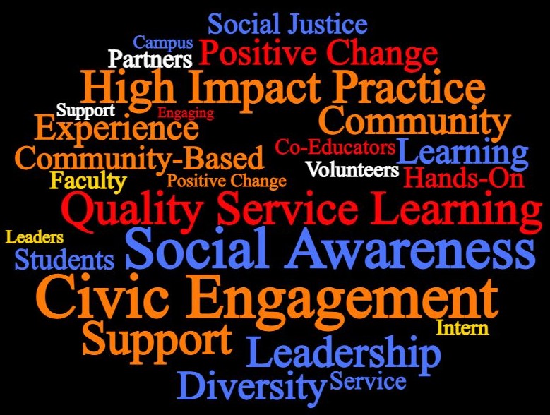 Word Cloud with words like "Quality Service Learning", "Social Awareness", and "Civic Engagement"