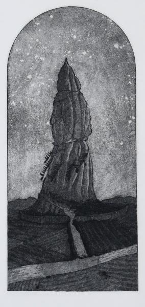Black and white etching of a tower-like structure