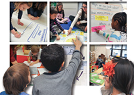 Students pointing at images of other students