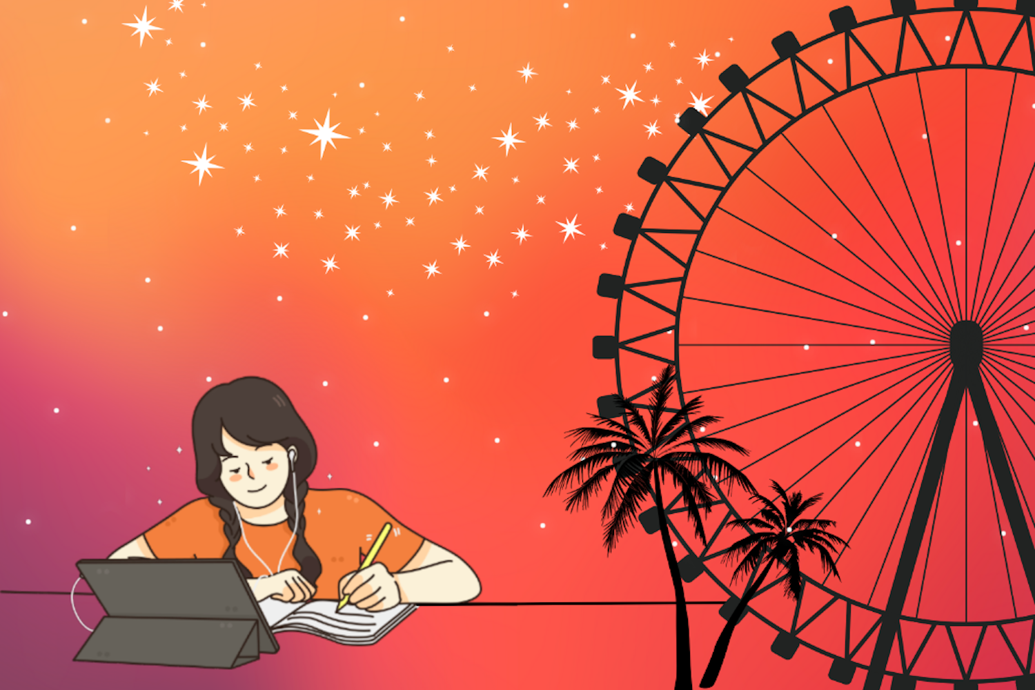 Person studying with Palm Trees and a Ferris Wheel next to them