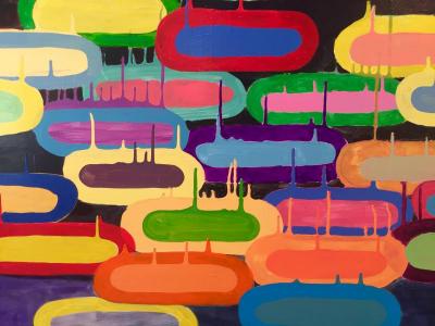 Colorful abstract painting with several oblong shapes and dripping paint