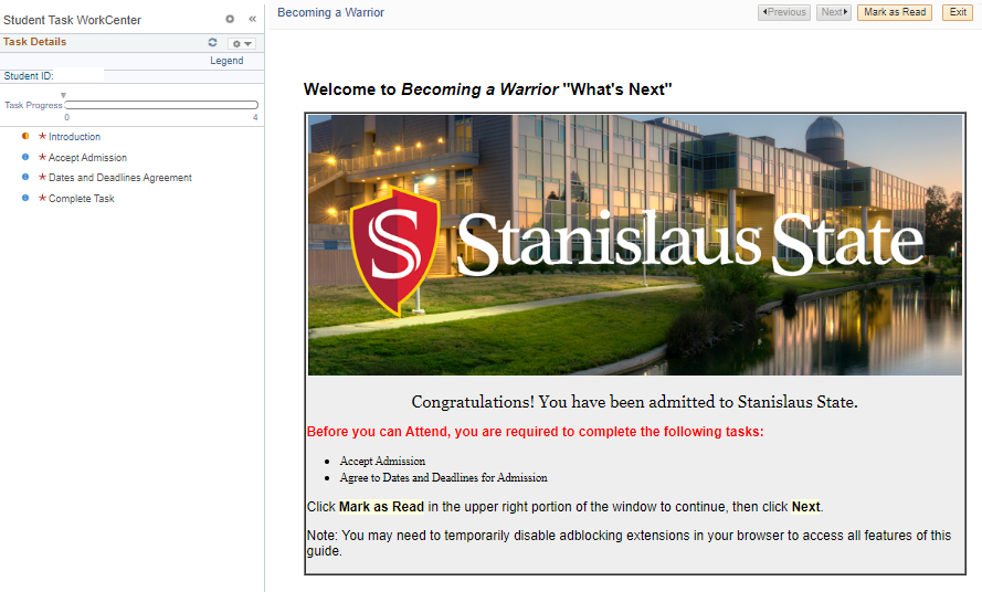 Screenshot of the Becoming a Warrior module. Banner image of campus building with Stanislaus State logo and below that, text instructions on how to follow the guide.