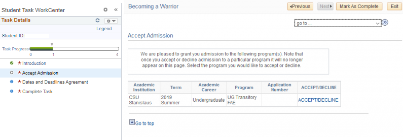 Screenshot of screen to accept admission